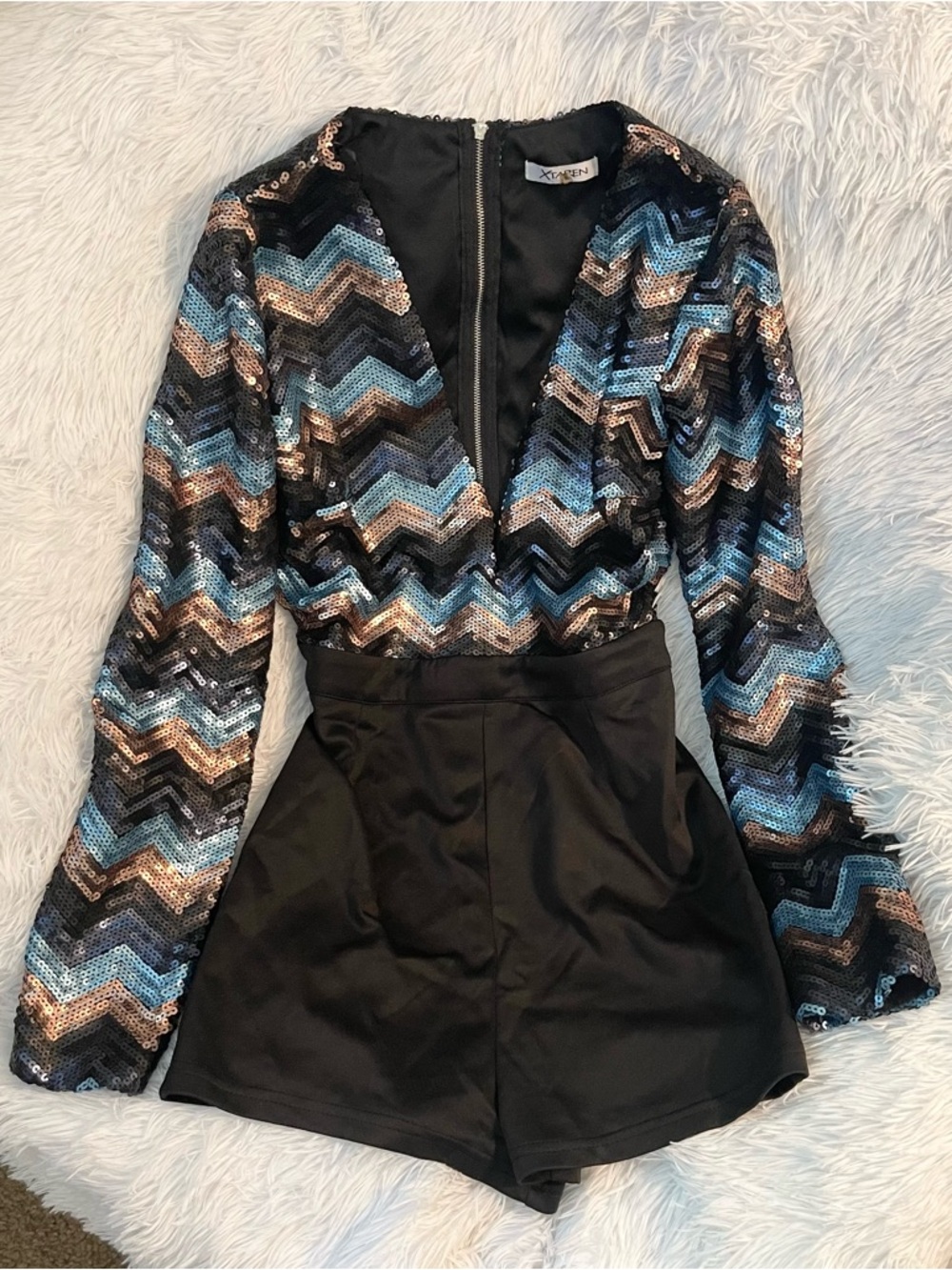Party Sexy Sequined chevron zig zag low cut romper